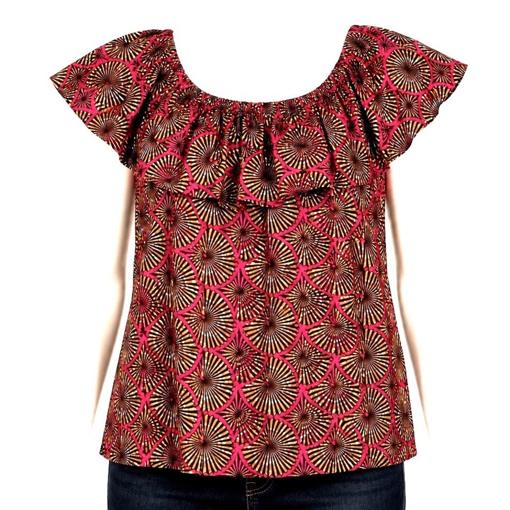 Chez Kevito Shirt Womens Large Pink Yellow Off Shoulder Ruffle Bohemian Peasant